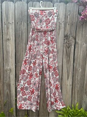 Newbury Kustom Strapless Floral Wide-Leg Jumpsuit in Red and White